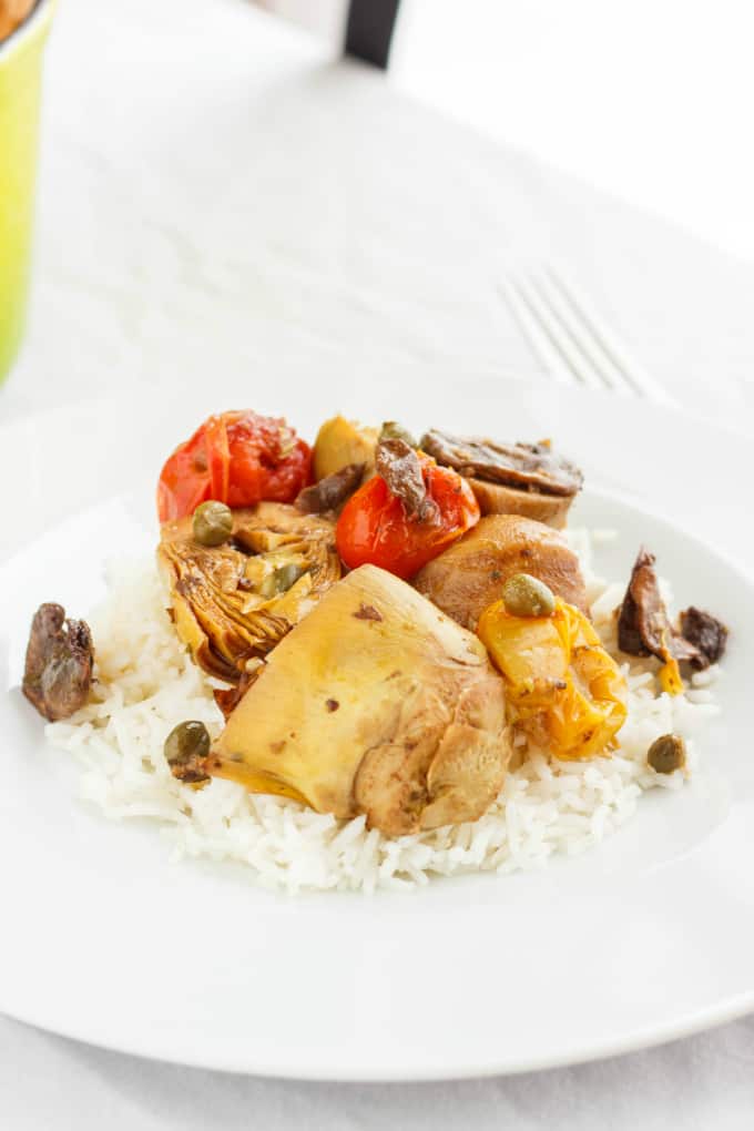 Artichoke hearts and mushrooms over rice. 