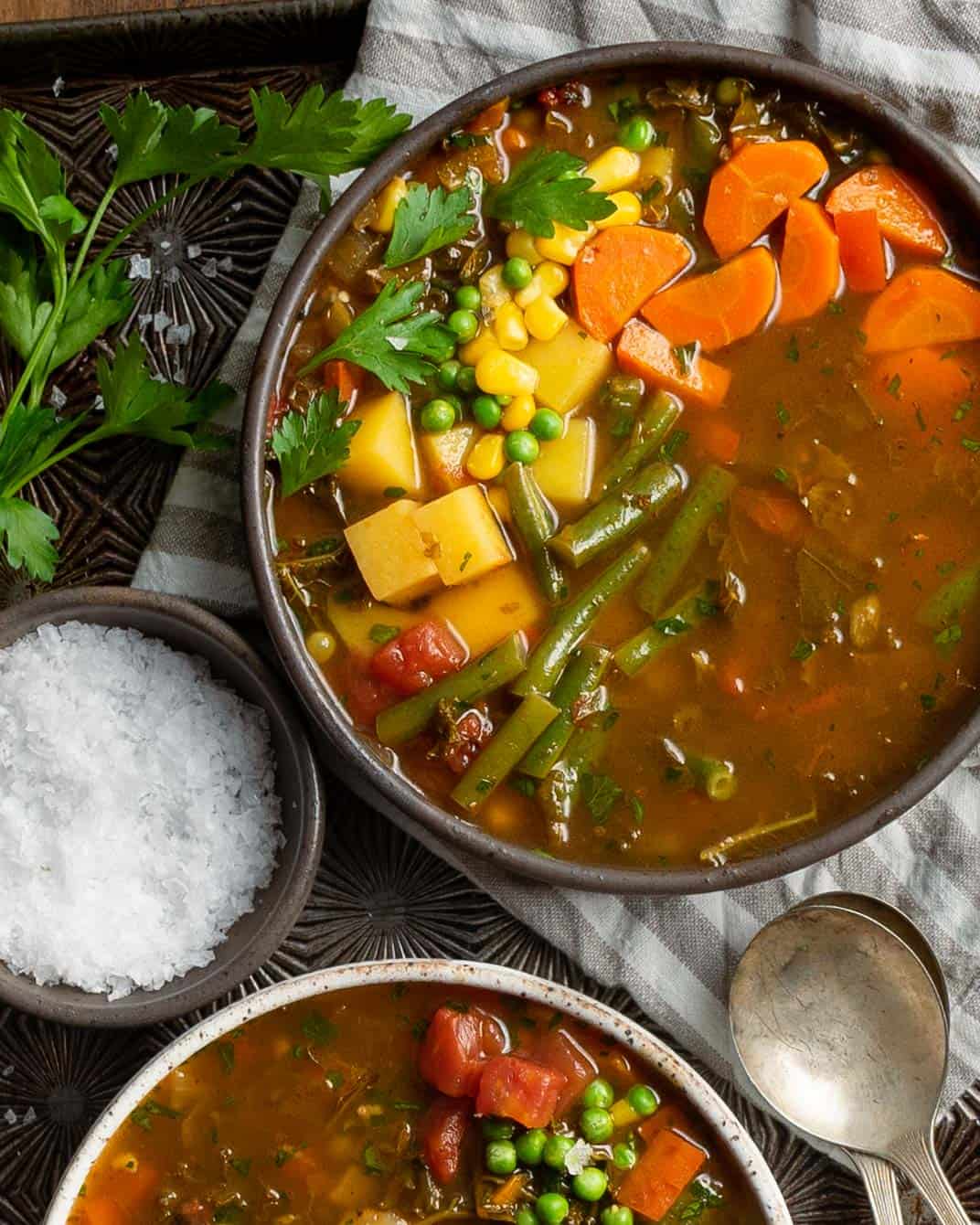 Homemade vegetable soup served in a bowl. 