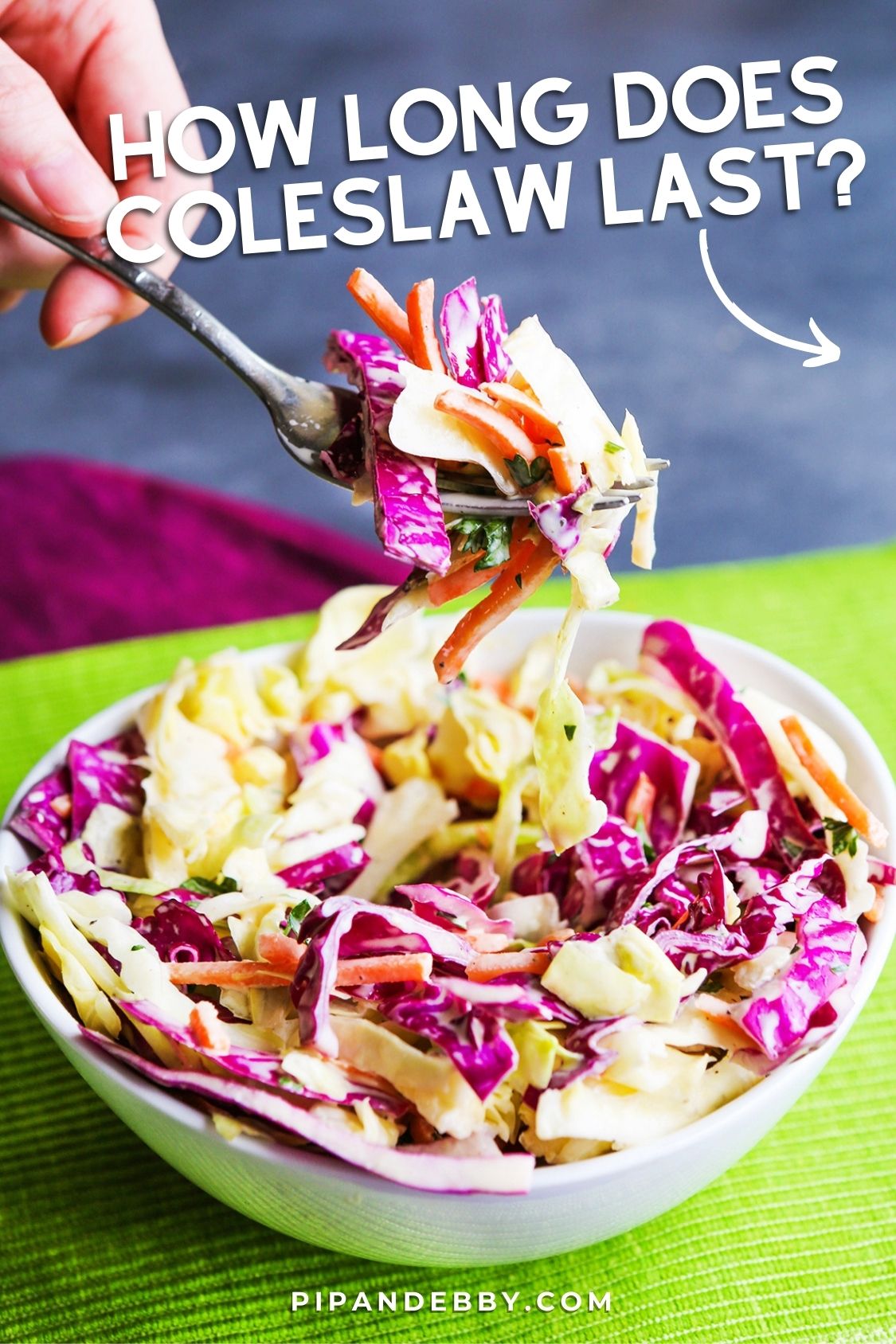 Photo of a bowl of coleslaw with text overlay reading, "How long does coleslaw last?"