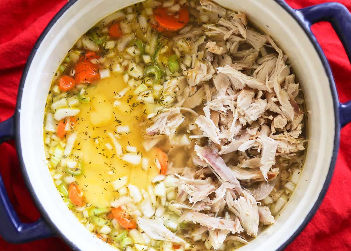 Fresh homemade chicken soup with vegetables in a pot, ready to serve.