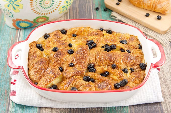 Croissant bread pudding in a baking dish. 