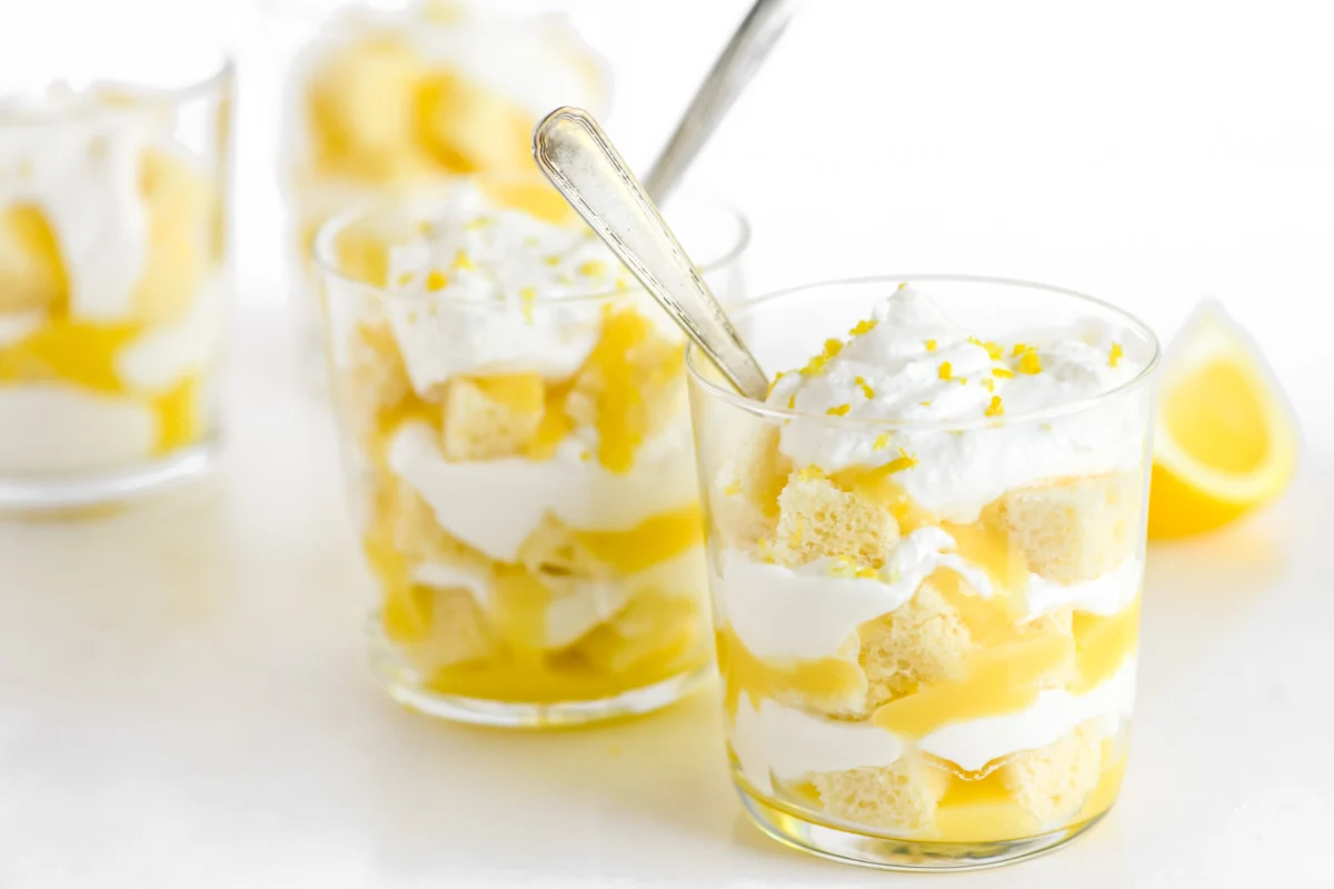 Lemon trifle served in small individual cups. 