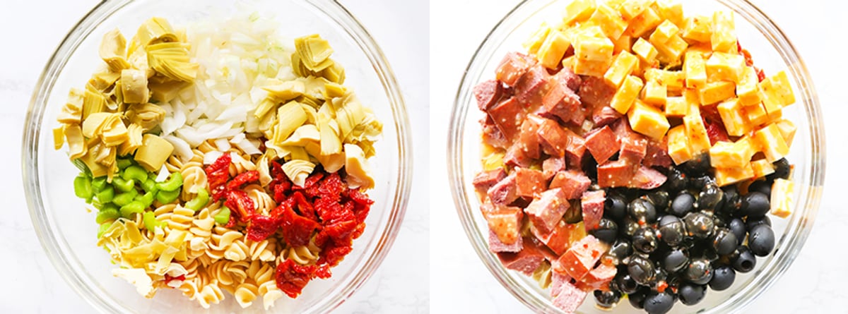 Pasta salad ingredients in bowls, sitting side by side.