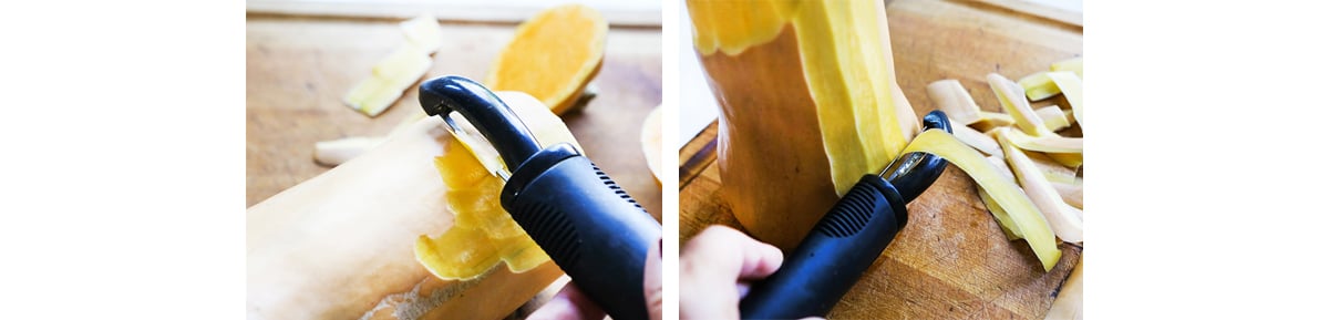 Potato peeler peeling skin from squash.
