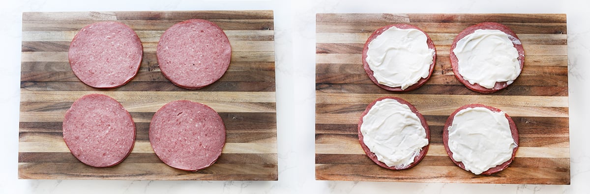 Two photos side by side: corned beef in 4 stacks on a cutting board, next to the same stacks covered with a layer of cream cheese.