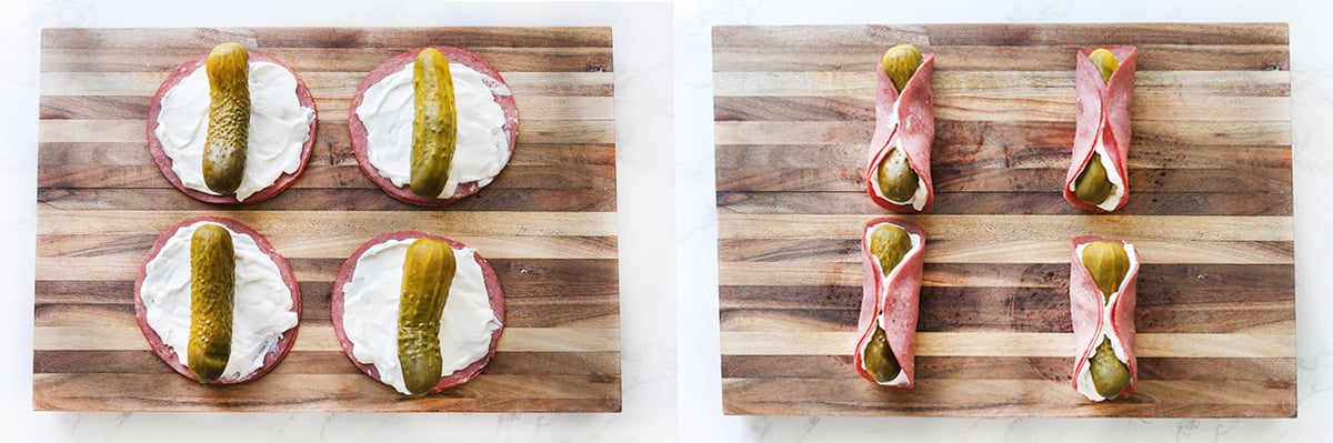 Two photos side by side: cream cheese corned beef stacks topped with pickles, and those same stacks rolled up around pickles.
