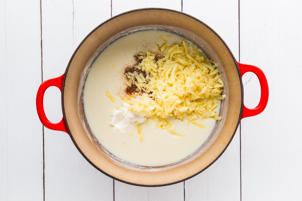 Looking down into a large saucepan with a creamy white sauce, cheese, sour cream and spices.
