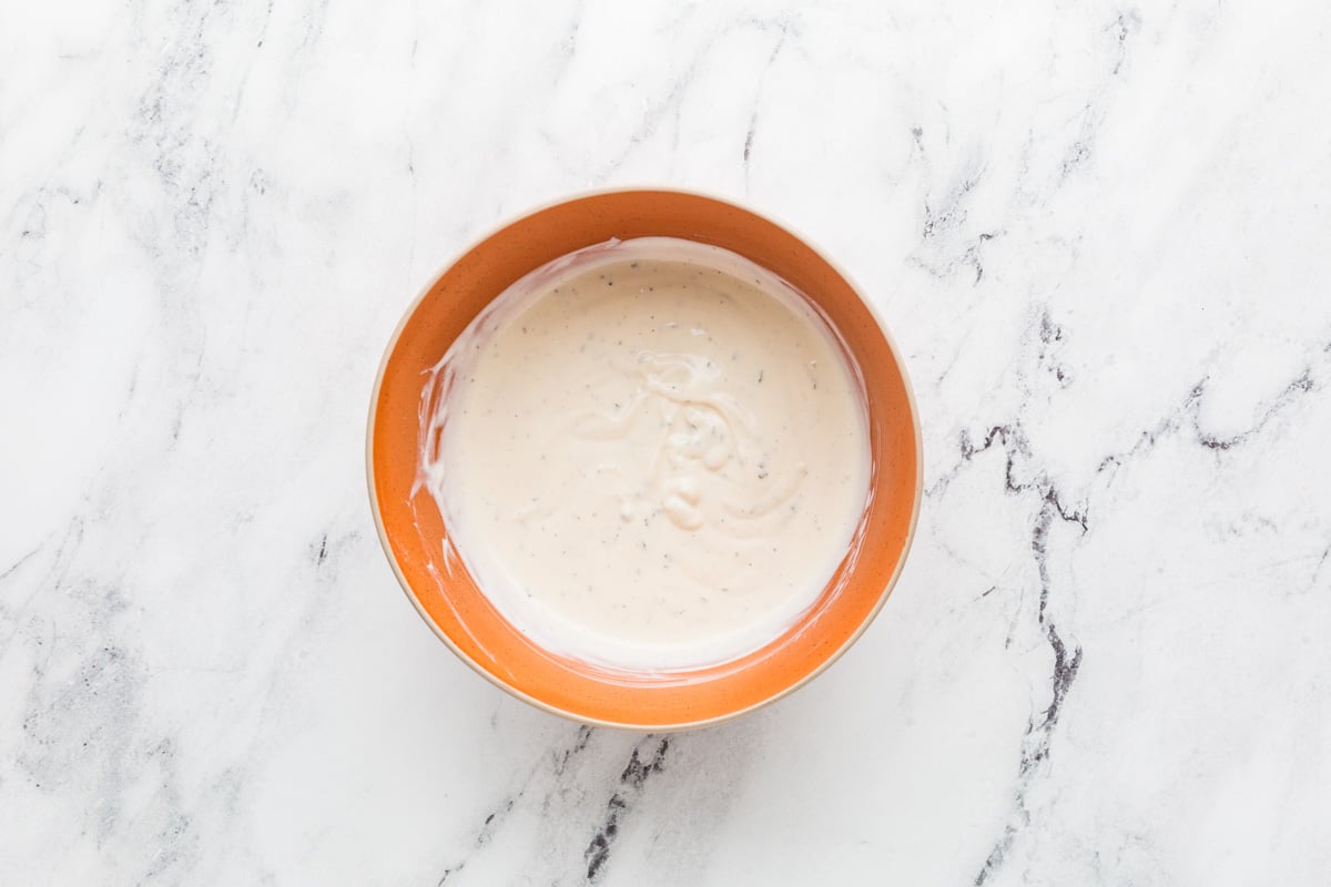 Top view of Ranch dressing combined in a small mixing bowl.
