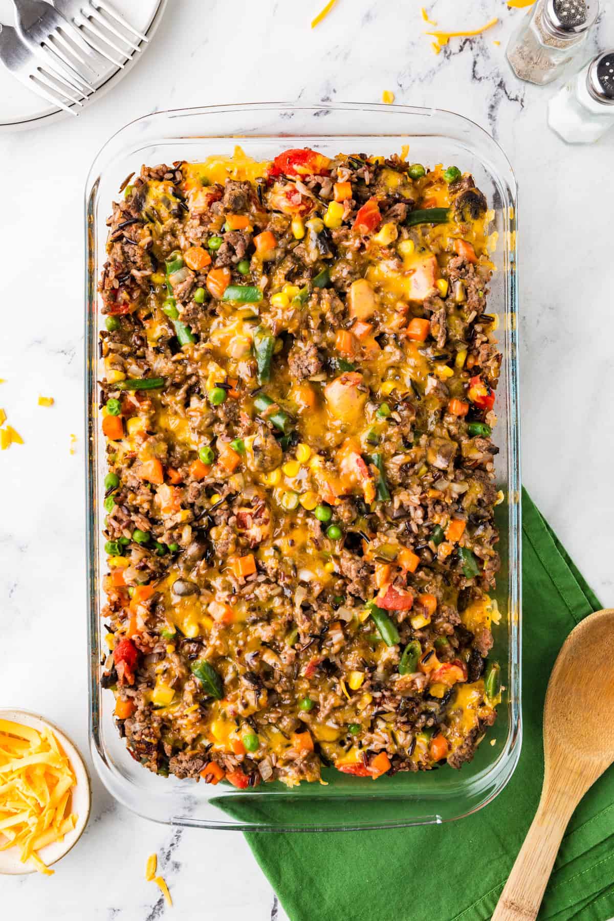 Top view of finished pan of ground beef wild rice casserole.