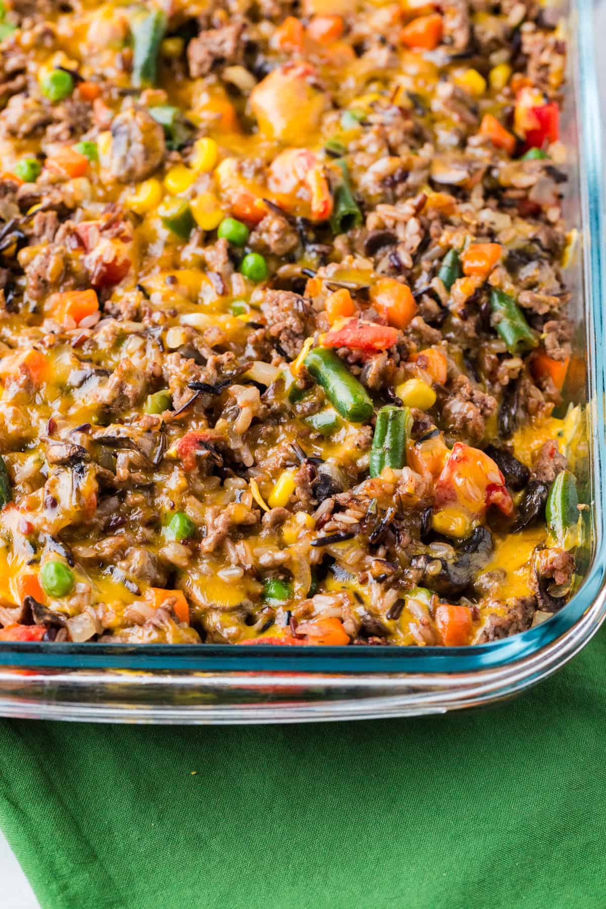Pan of a hearty, cheesy casserole in a baking dish.