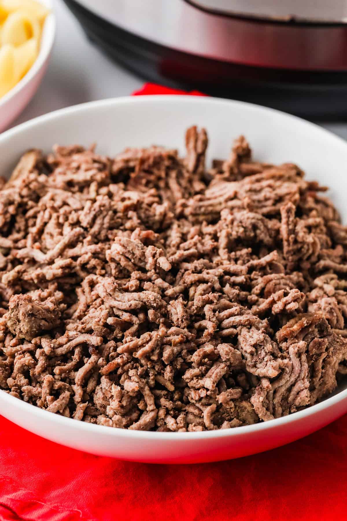 Bowl of cooked ground beef next to an Instant Pot.