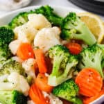 Healthy frozen broccoli, cauliflower, and carrots ready for Instant Pot cooking.