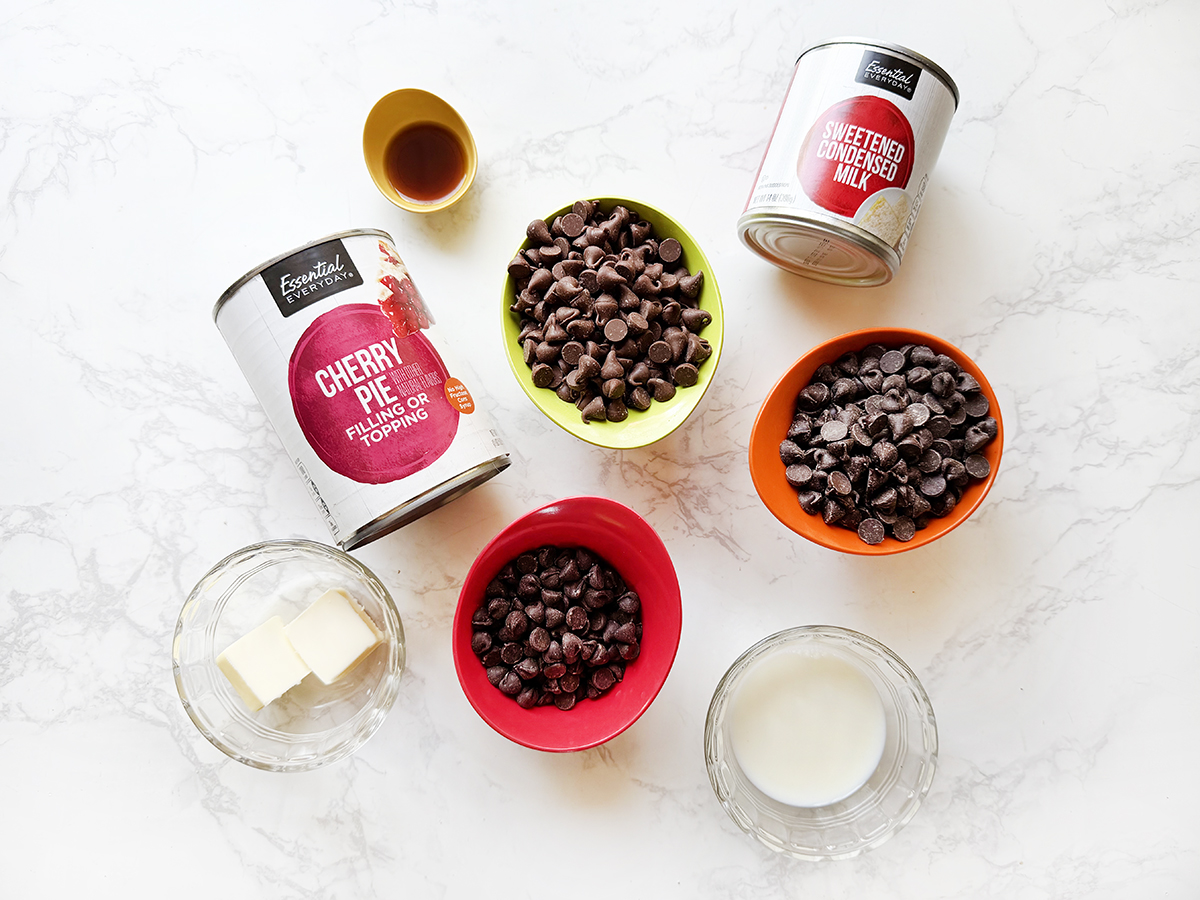 Assorted baking ingredients including chocolate chips, butter, milk, and sweetened condensed milk.