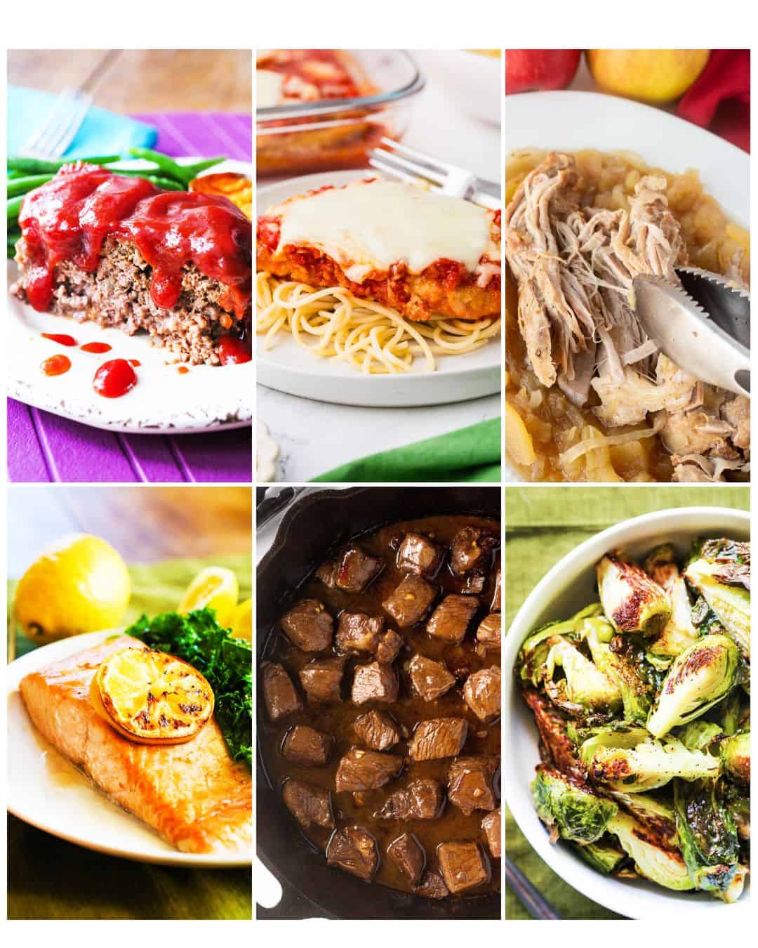 Variety of main dishes and sides served with sweet potatoes for a meal.