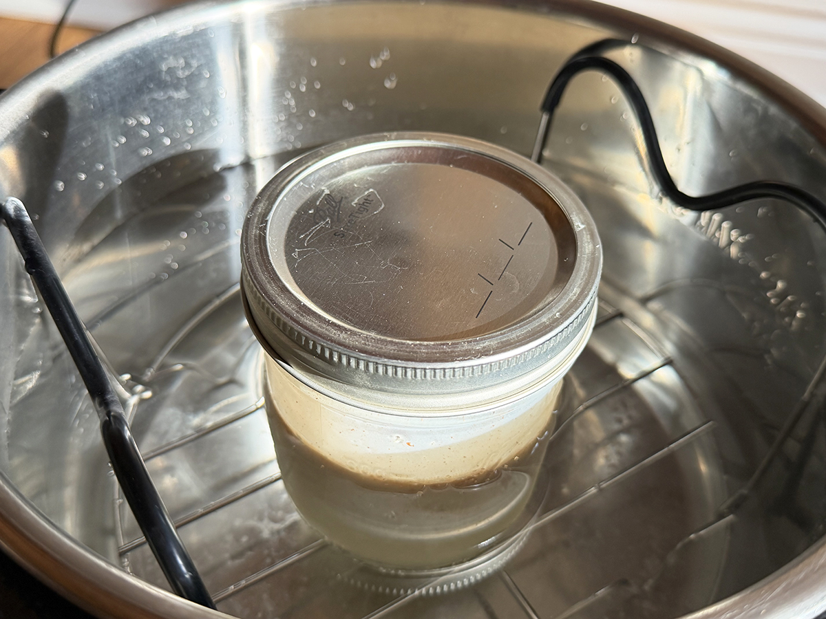 Fresh homemade yogurt in a glass jar on a yogurt maker.