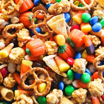 Halloween candy mix with candy corn, pumpkins, pretzels, Bugles, caramel corn, M&M’s and peanuts