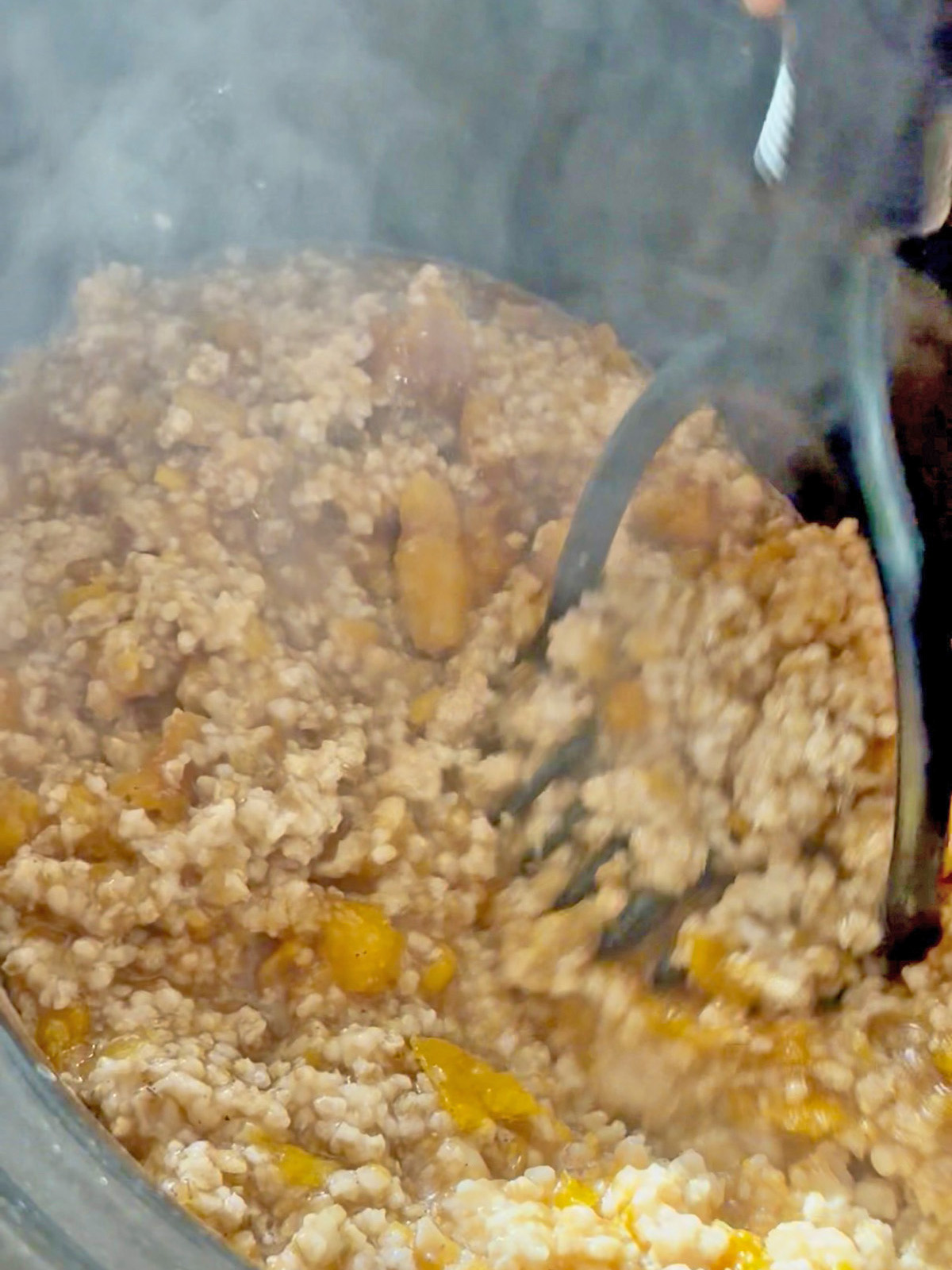 Cooking pumpkin oatmeal with ground meat and yellow squash in a slow cooker.