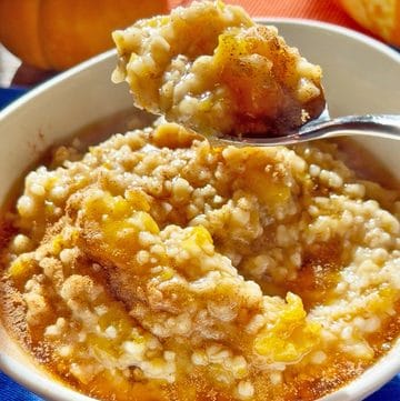 Creamy pumpkin oatmeal topped with cinnamon in a white bowl with a spoon.