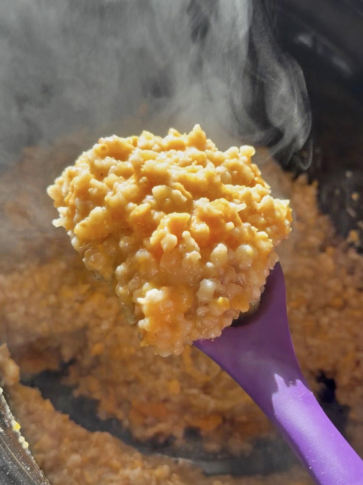 Creamy sweet potato oatmeal in a spoon over a pot with steam rising.
