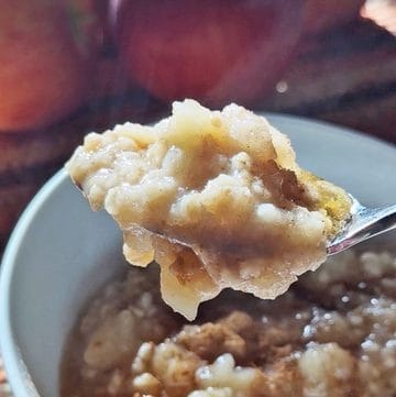 Spoonful of apple oatmeal with apples and cinnamon in a bowl.