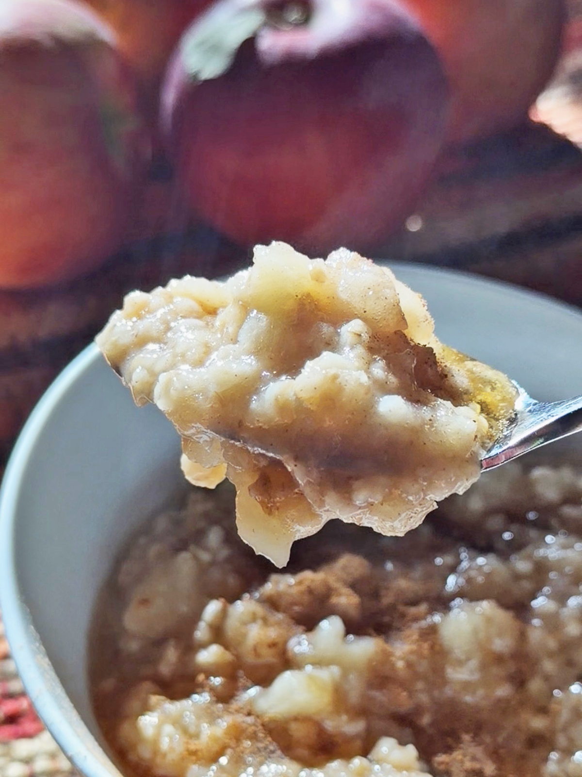 Spoonful of apple oatmeal with apples and cinnamon in a bowl.
