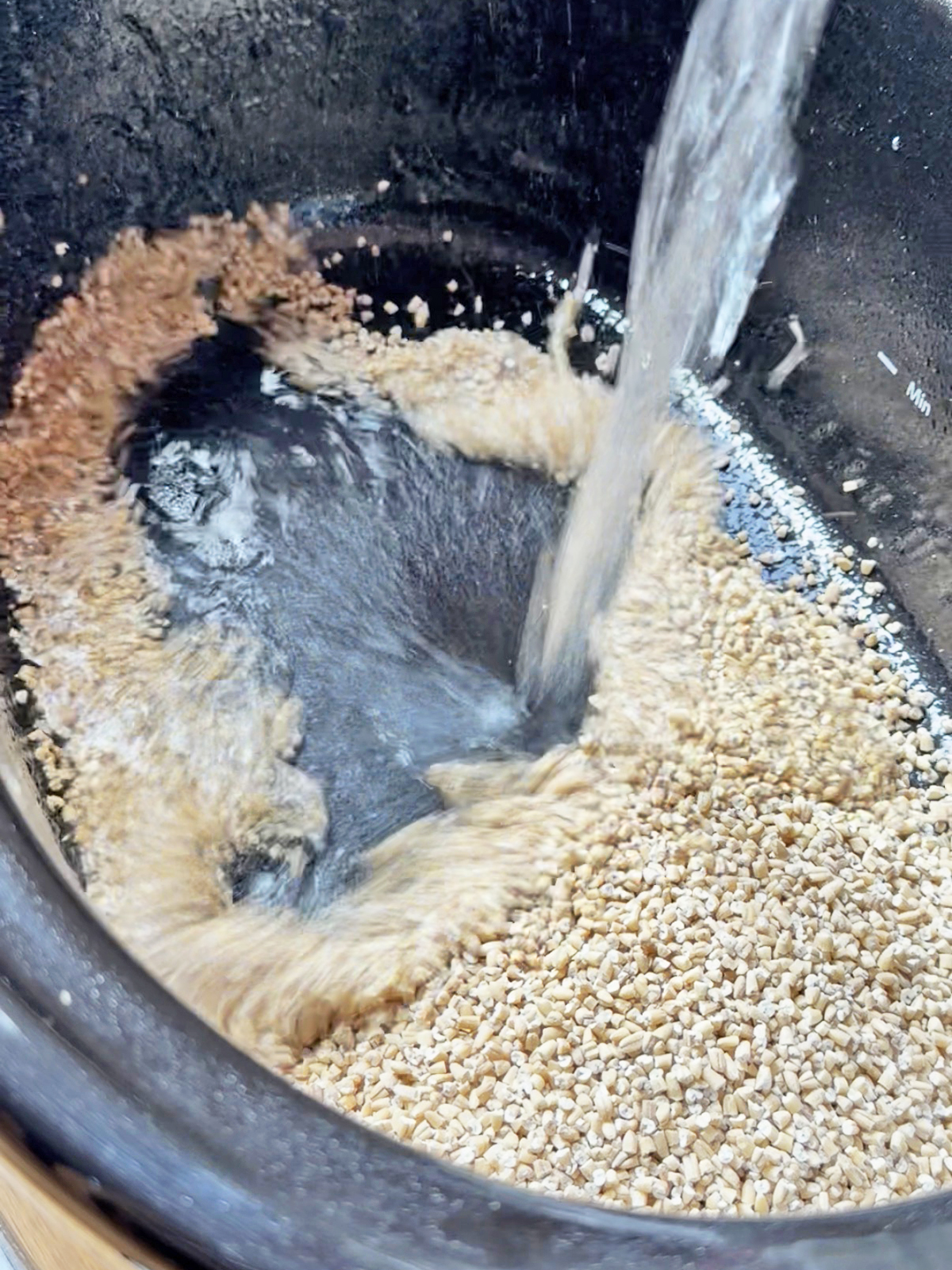 Oats and chopped apples in a slow cooker with water being poured in.