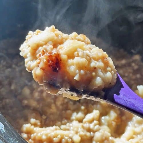Steaming spoonful of cooked apple oatmeal in a slow cooker.